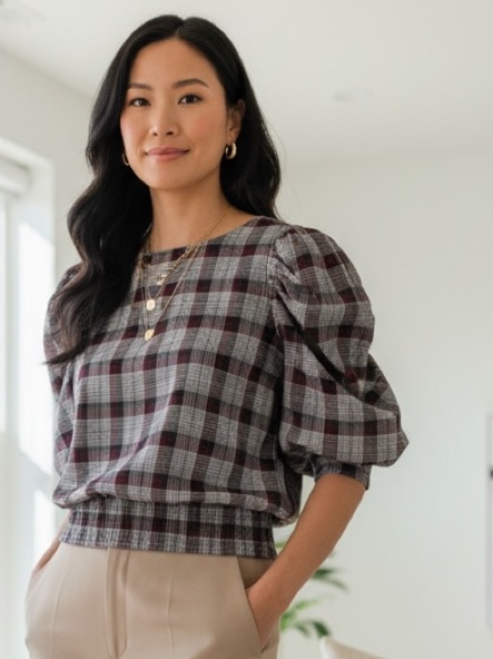 Maison Kitsune Multicolor Check Puff Sleeve Blouse Size 40